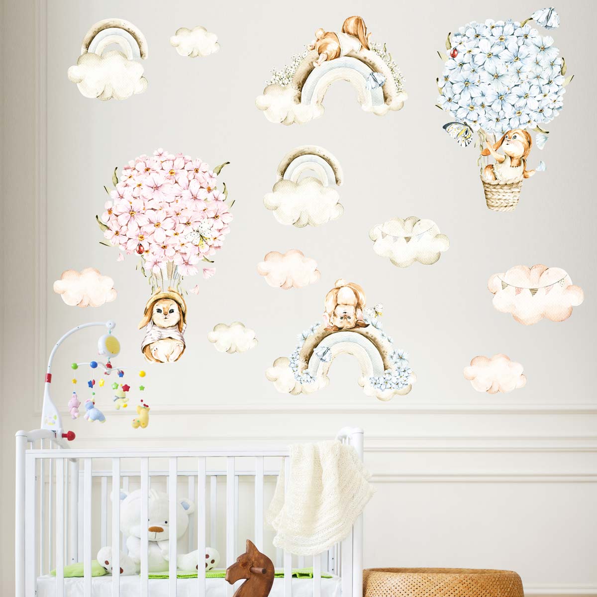 Floral Bunnies Clouds and Rainbows Wall Sticker Set