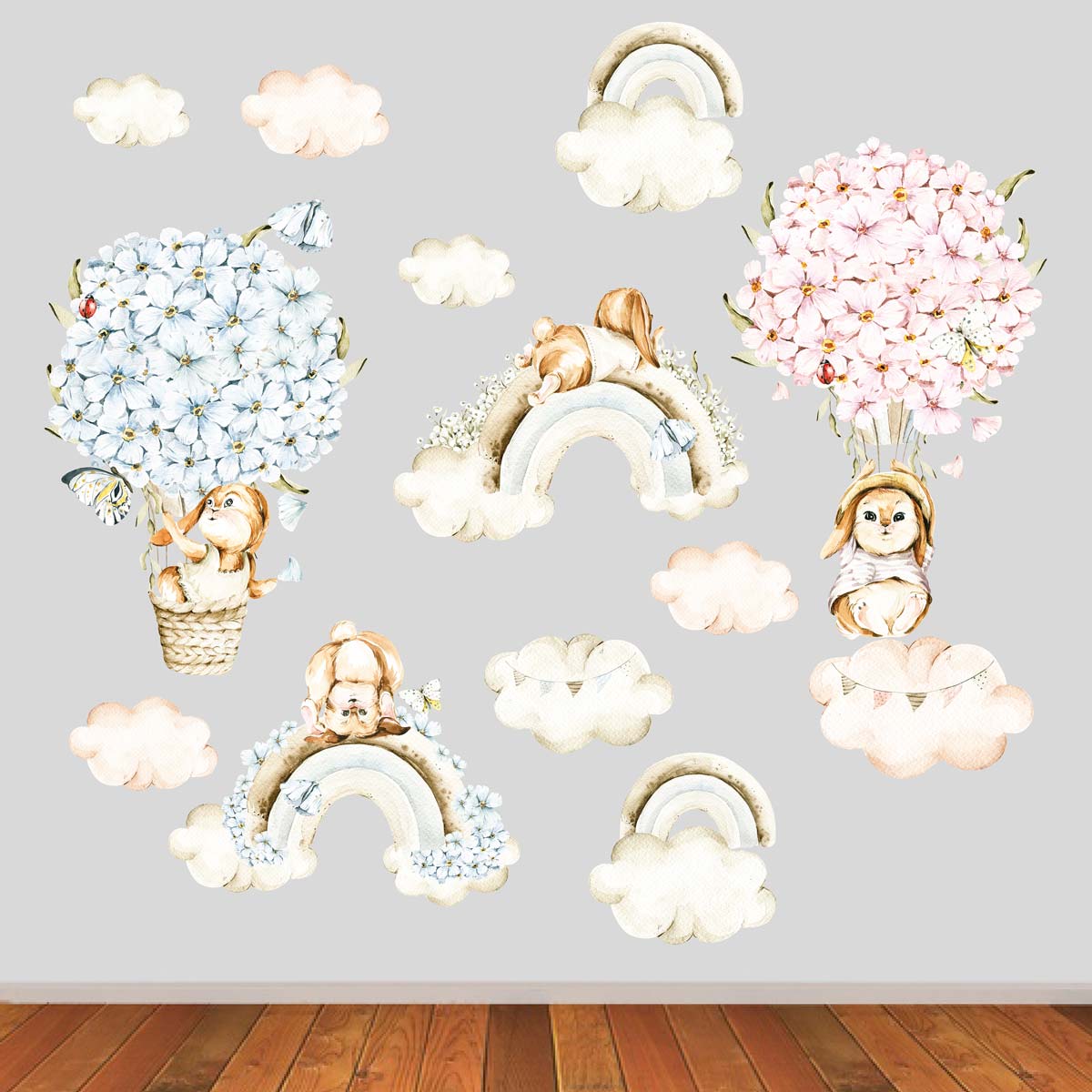 Floral Bunnies Clouds and Rainbows Wall Sticker Set