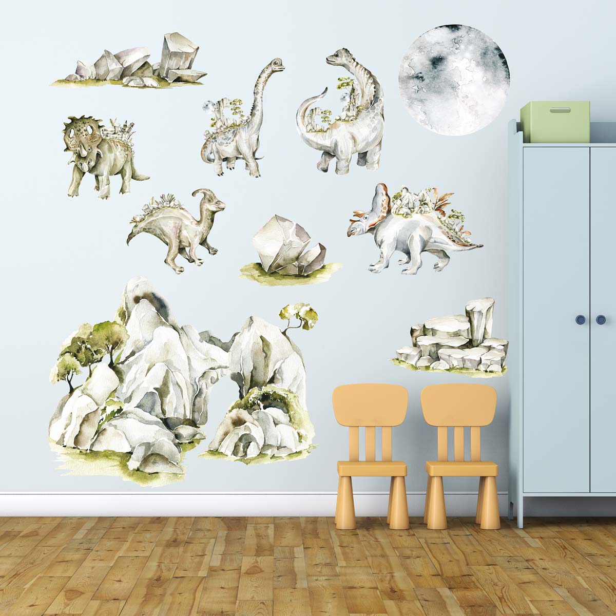 Dinosaur Wall Sticker Set With Rocks and Moon