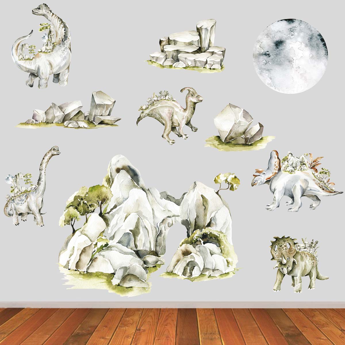 Dinosaur Wall Sticker Set With Rocks and Moon