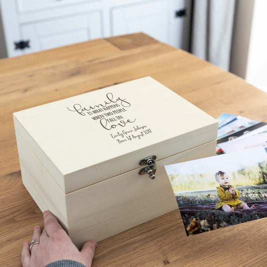 Personalised Family Happens New Baby Keepsake Box
