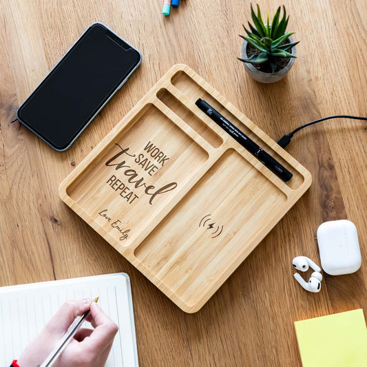 Personalised Work Save Travel Wireless Charger Desk Tidy