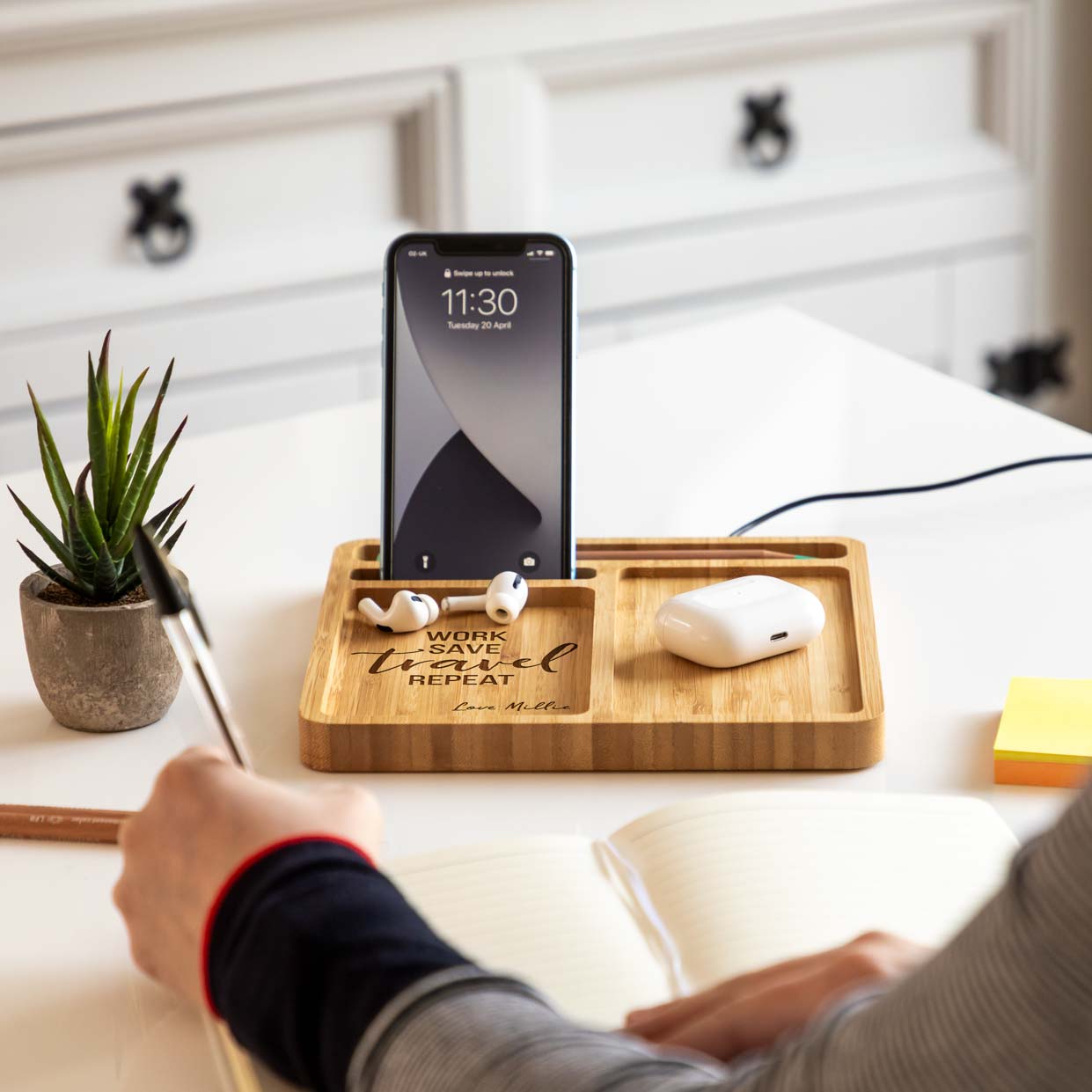 Personalised Work Save Travel Wireless Charger Desk Tidy