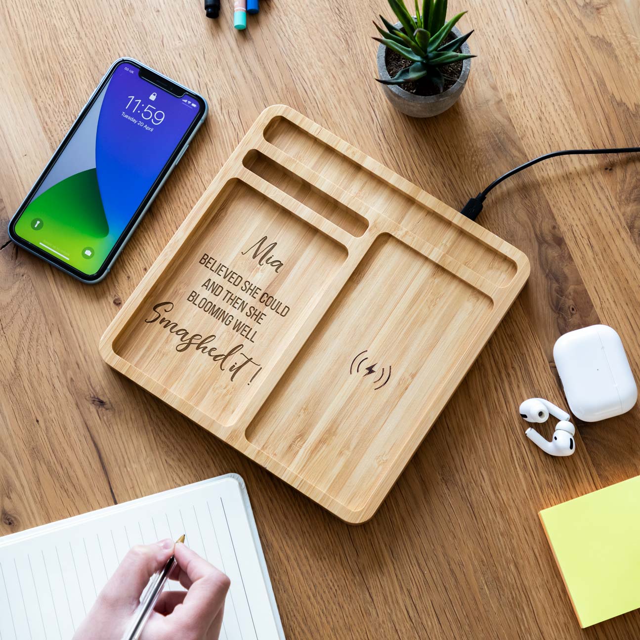 Personalised She Believed She Could Wireless Charger Desk Tidy