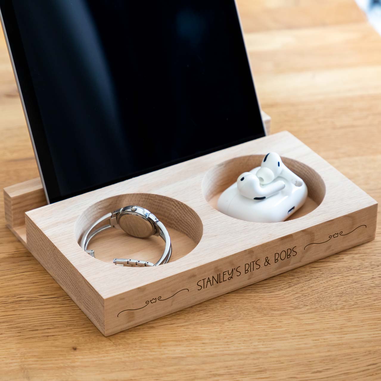 Personalised Phone and Tablet Stand With Accessory Storage