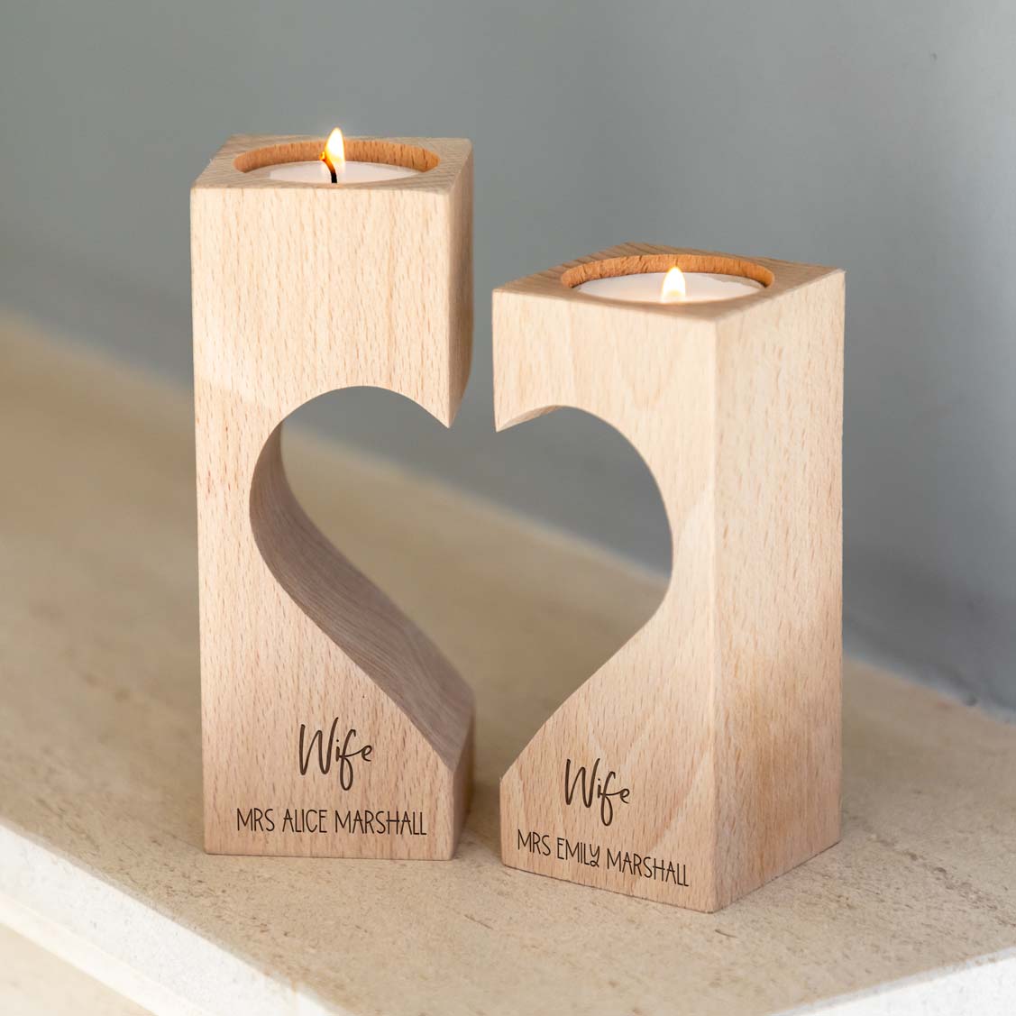 Personalised Husband and Wife Heart Candle Holder Set