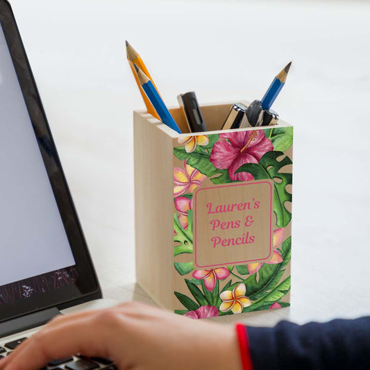 Personalised Tropical Pink Flowers Pen Pot