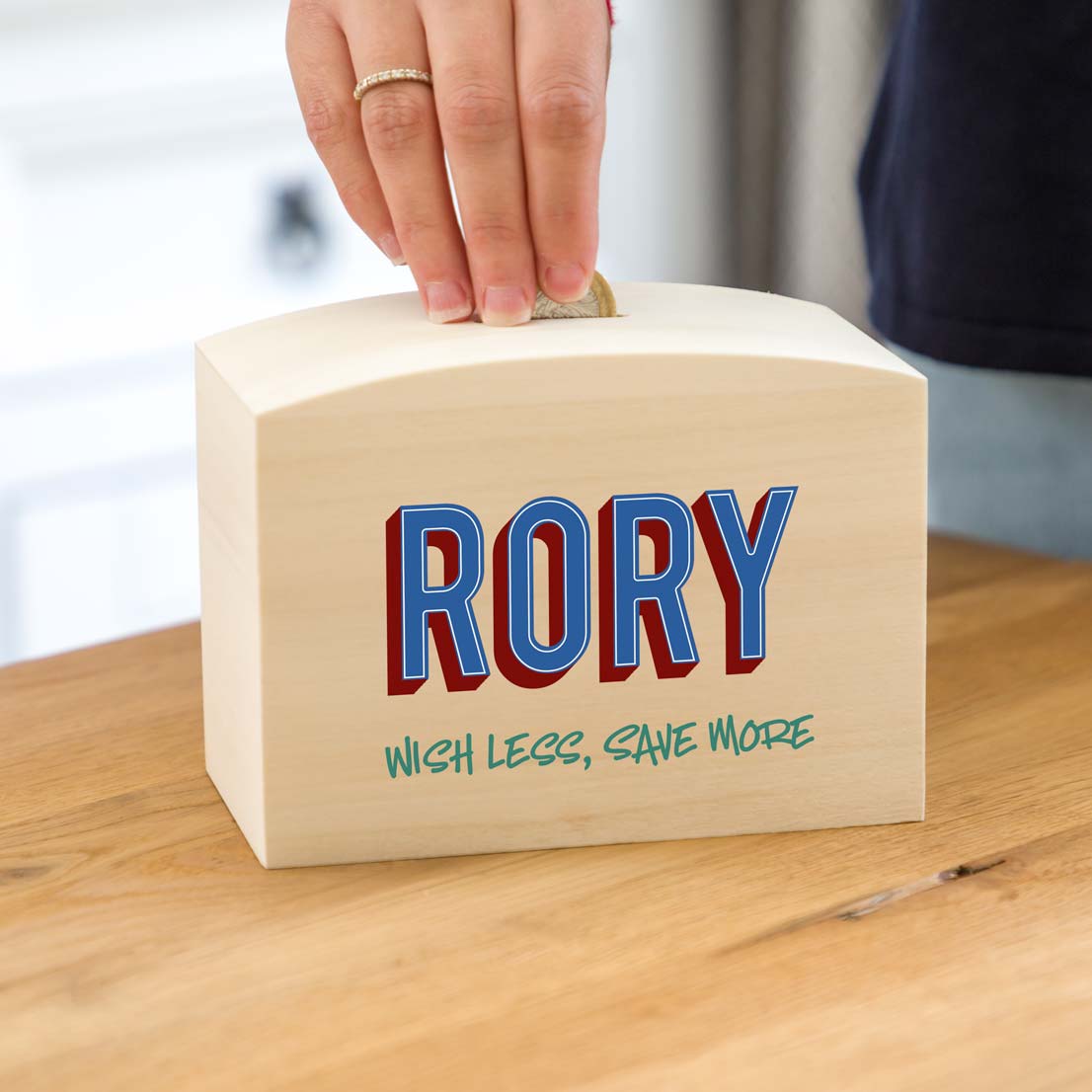 Personalised Wish Less Save More Money Box