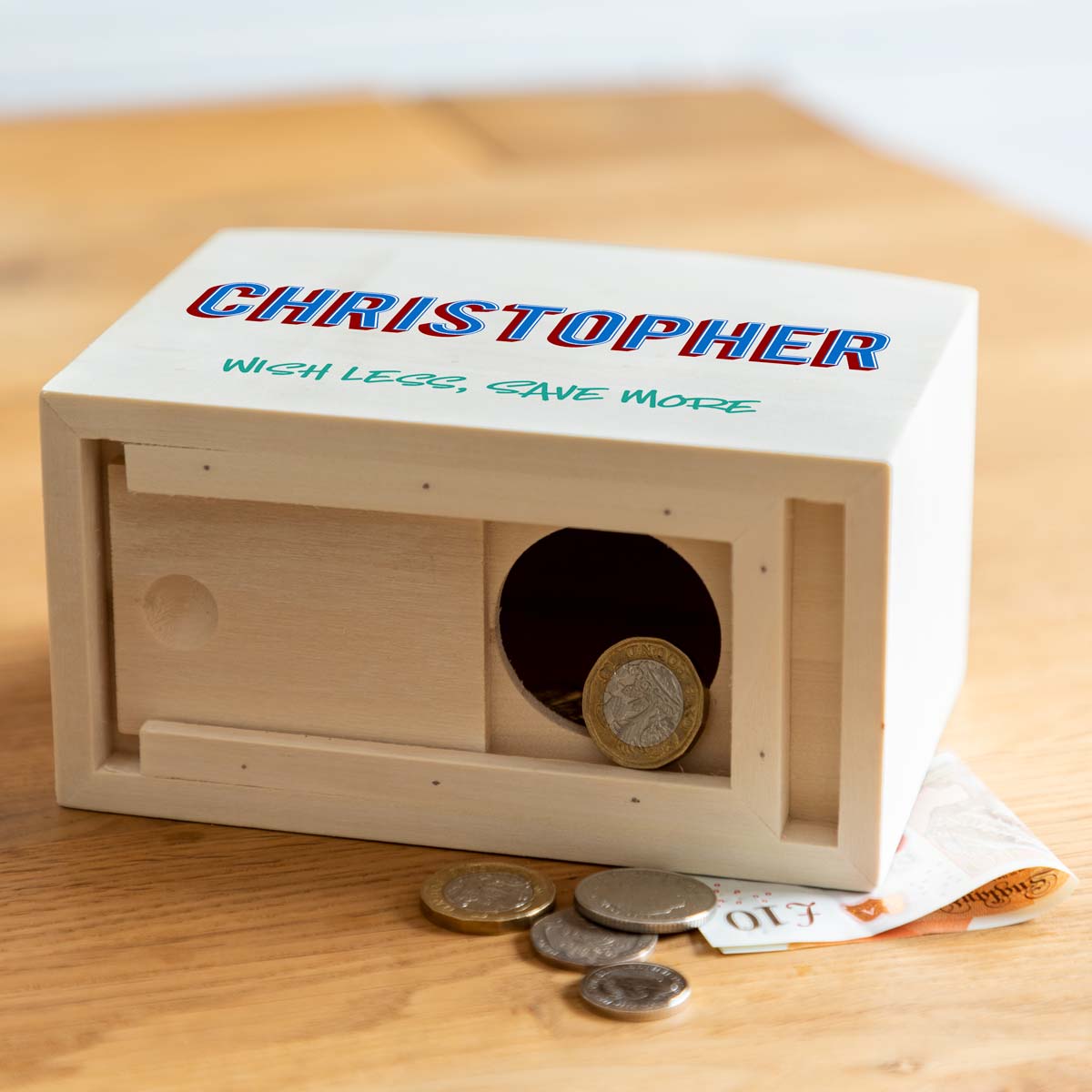 Personalised Wish Less Save More Money Box