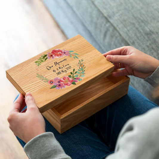 Personalised Our Memories Pink Flowers Oak Keepsake Box