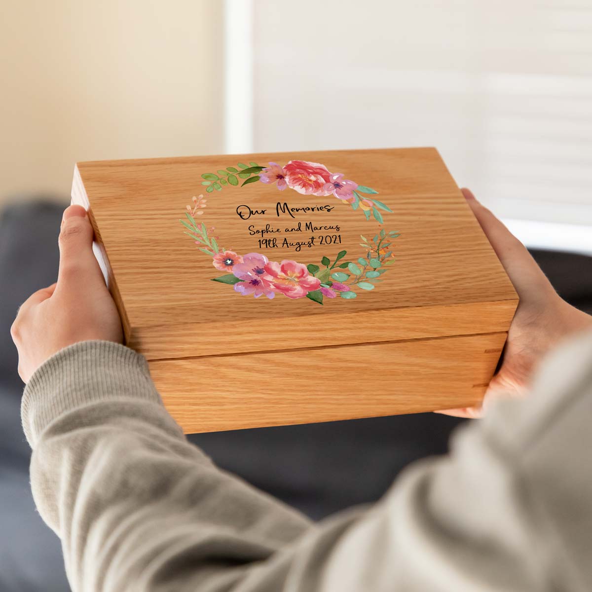 Personalised Our Memories Pink Flowers Oak Keepsake Box