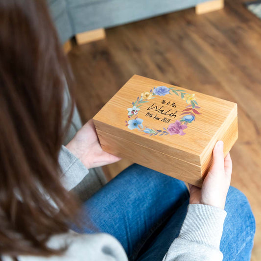 Personalised Floral Spring Wedding Keepsake Oak Box