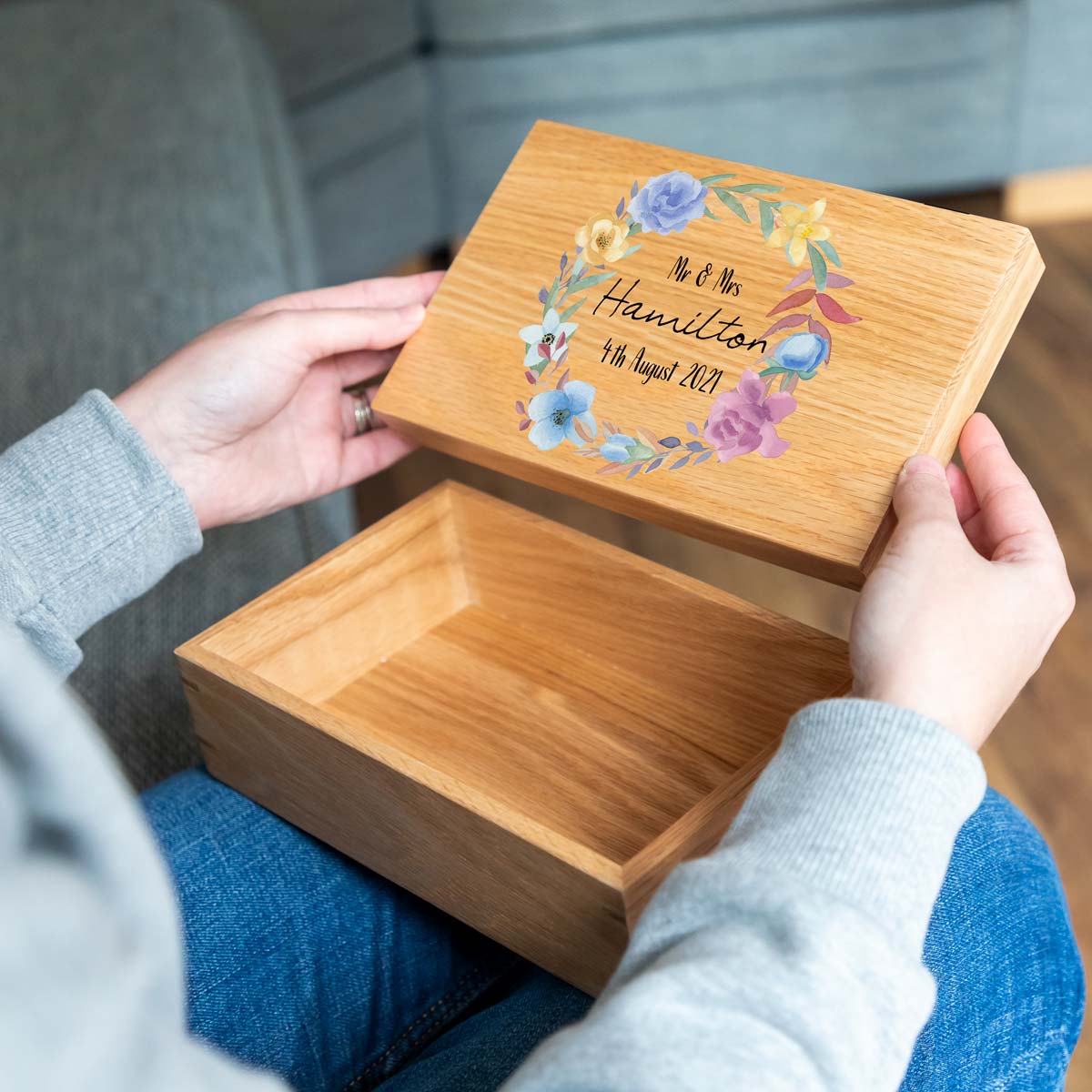 Personalised Floral Spring Wedding Keepsake Oak Box