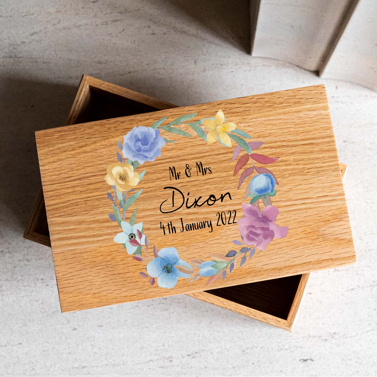 Personalised Floral Spring Wedding Keepsake Oak Box