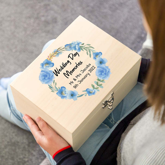 Personalised Wedding Keepsake Box Blue Flowers