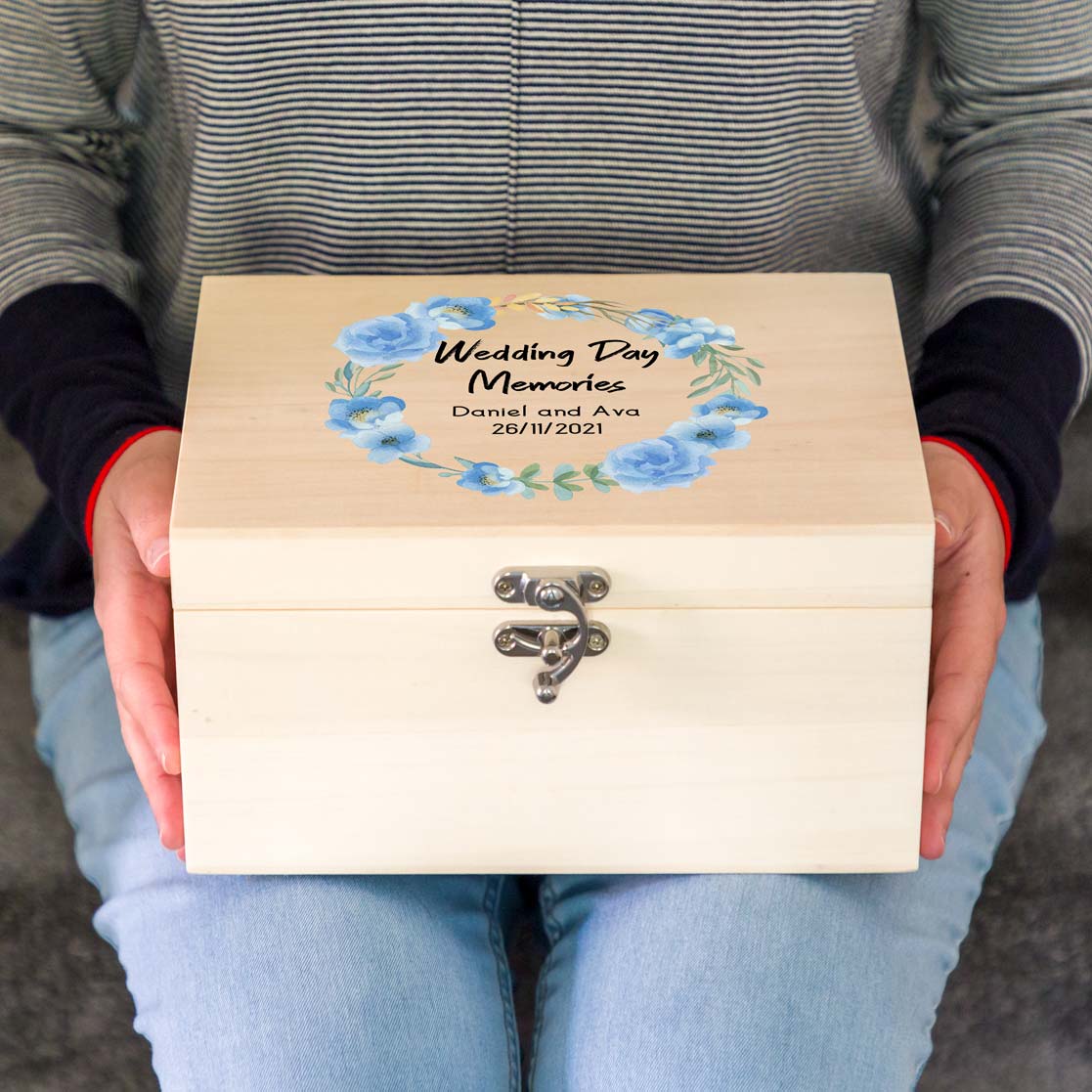 Personalised Wedding Keepsake Box Blue Flowers