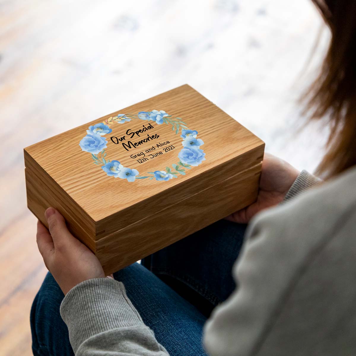 Personalised Our Special Memories Oak Box Blue Flowers