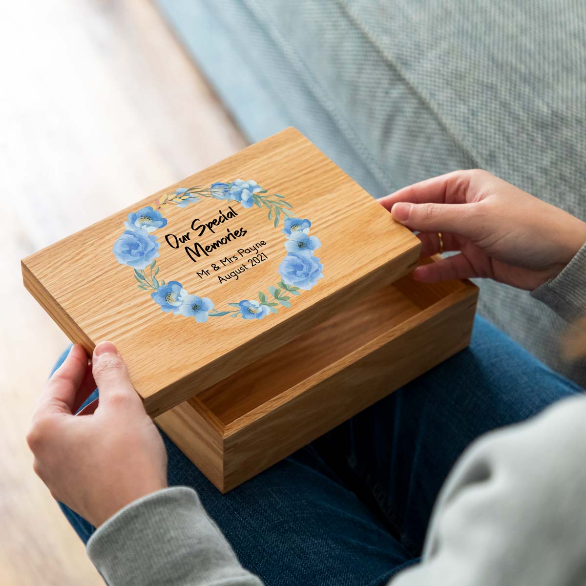 Personalised Our Special Memories Oak Box Blue Flowers