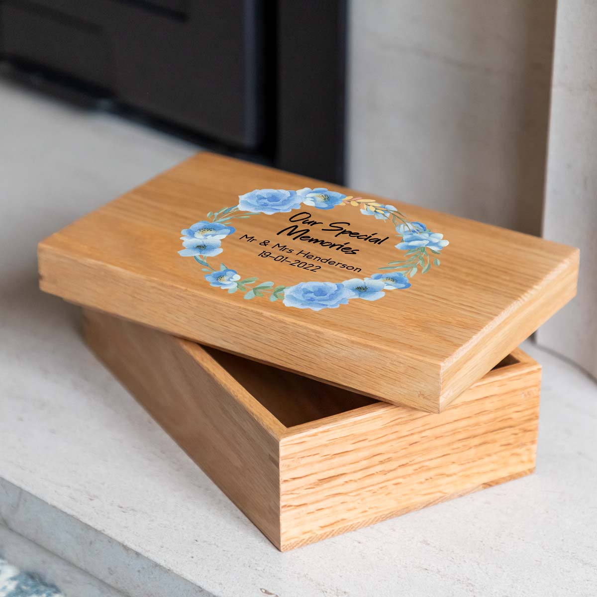 Personalised Our Special Memories Oak Box Blue Flowers