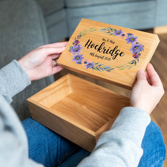 Personalised Wedding Keepsake Oak Box Purple Flowers