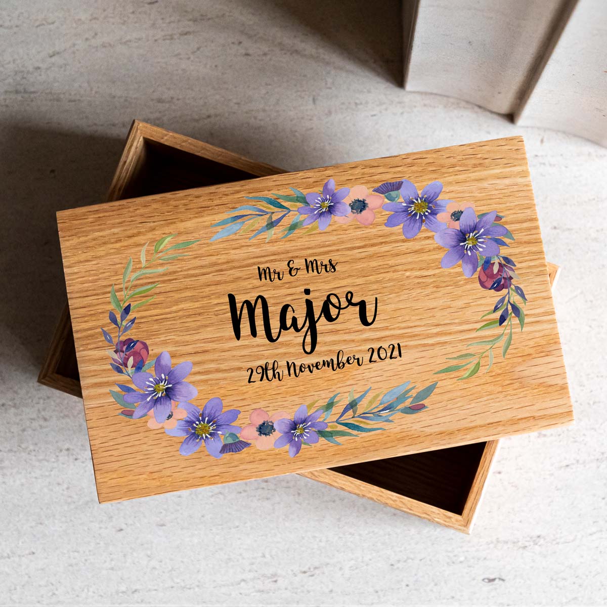 Personalised Wedding Keepsake Oak Box Purple Flowers