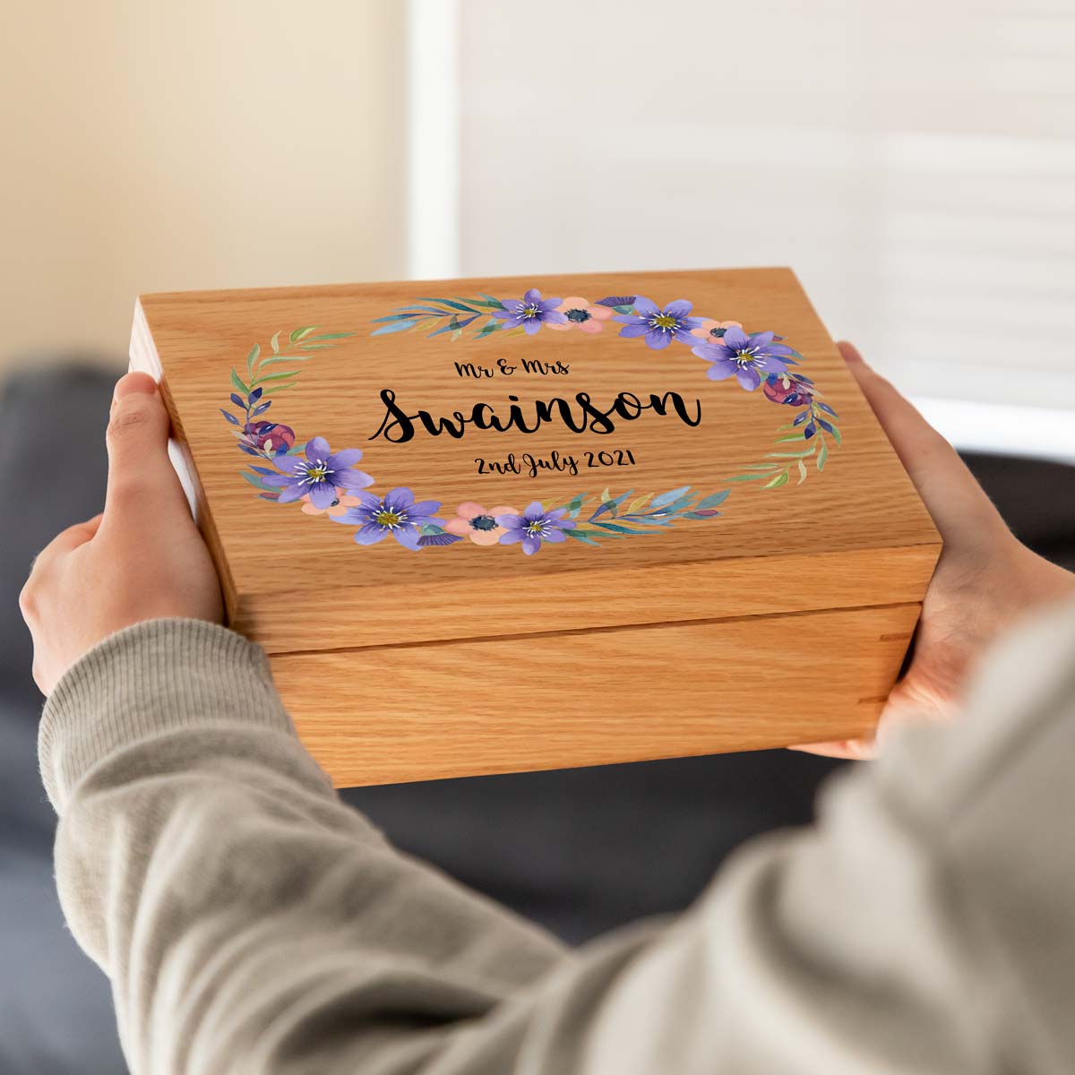 Personalised Wedding Keepsake Oak Box Purple Flowers