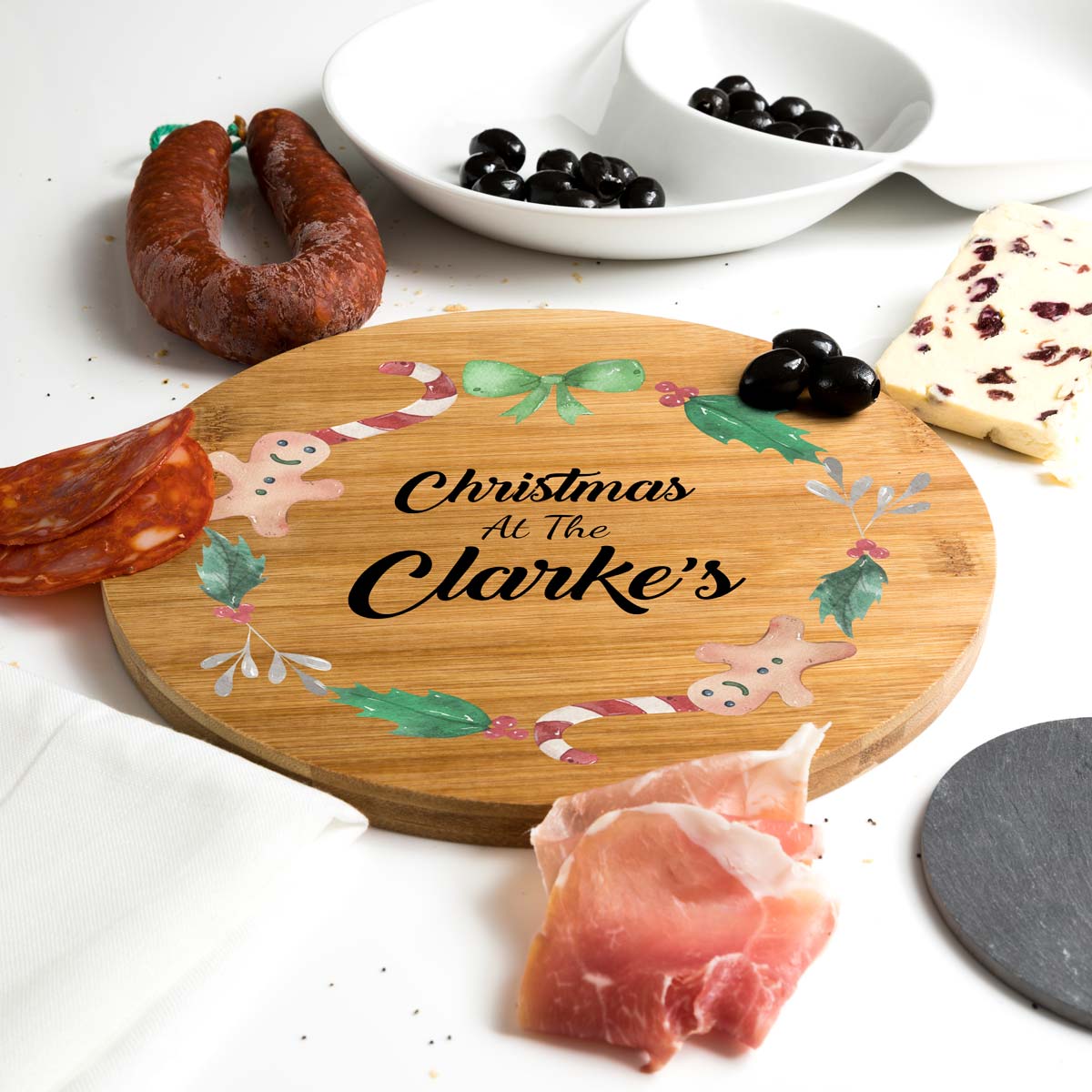 Personalised Christmas Wreath Bamboo Serving Board