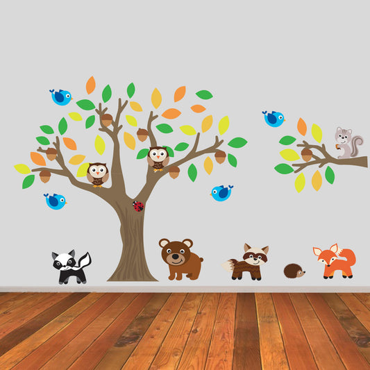 Autumn Tree and Branch With Woodland Animals Wall Sticker