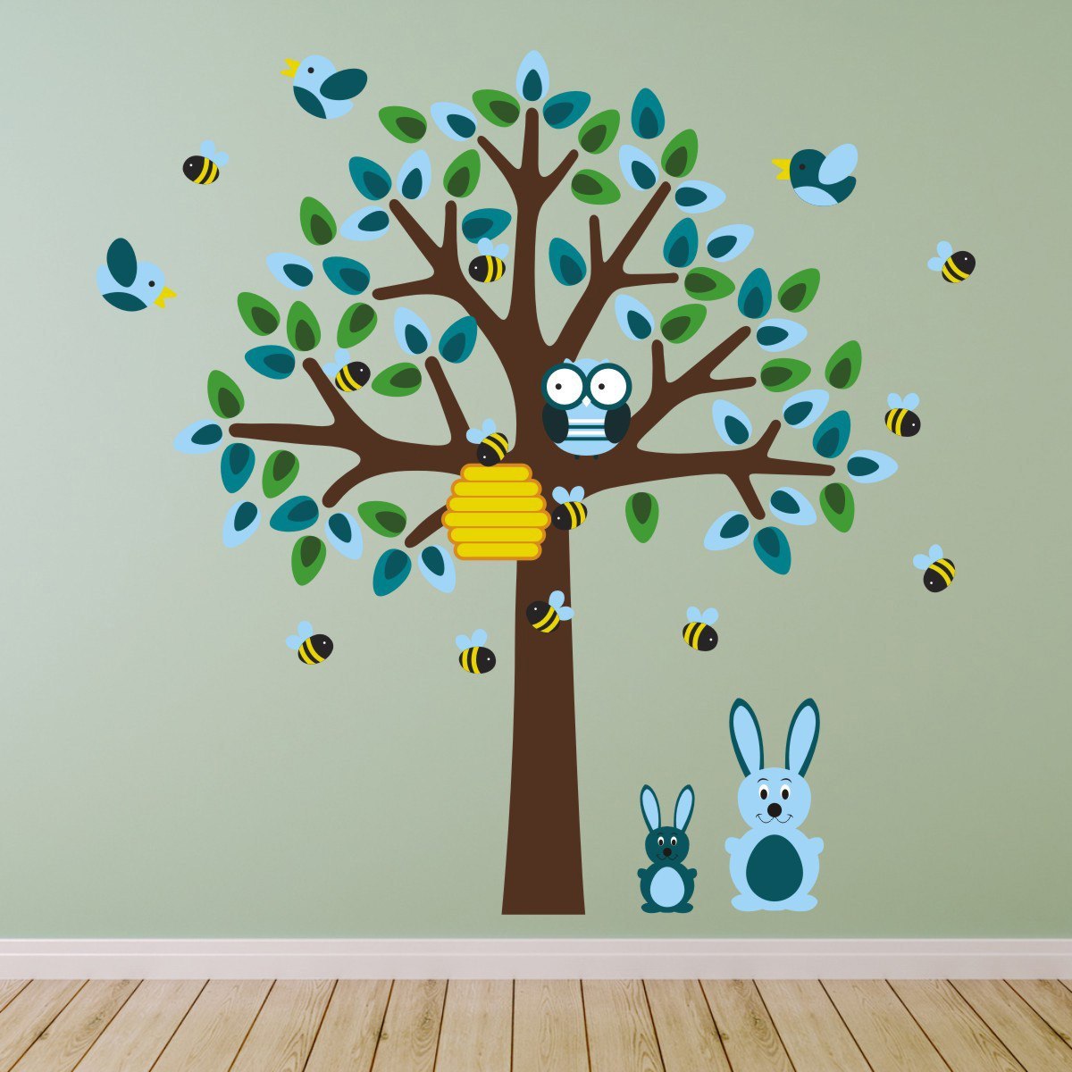 Blue Tree With Bunny Rabbit Wall Art