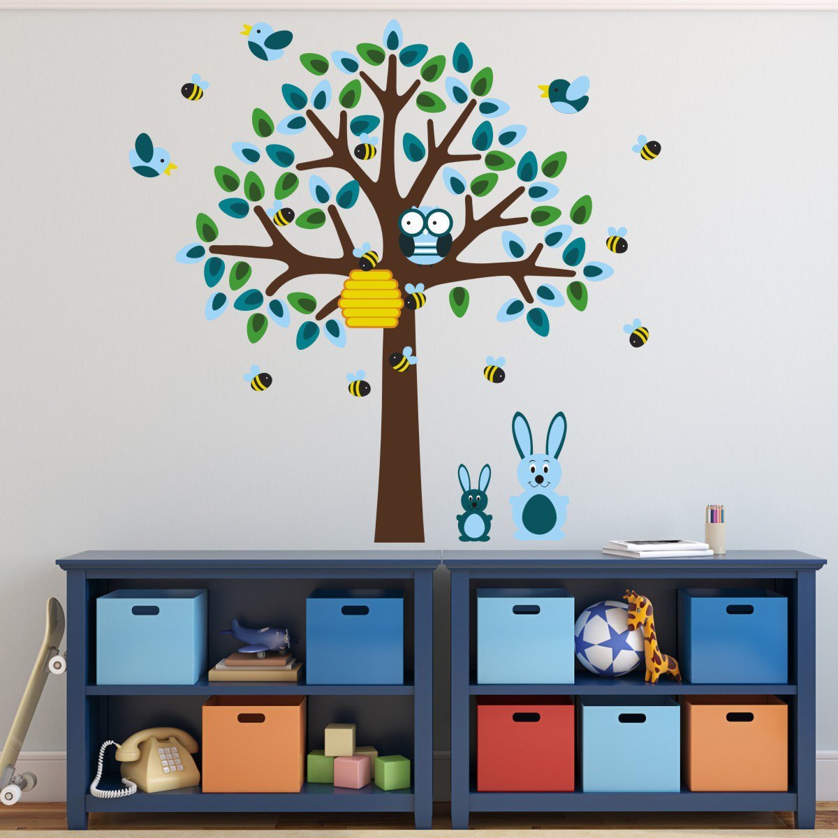 Blue Tree With Bunny Rabbit Wall Decals