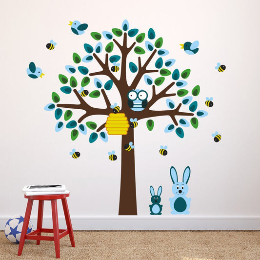 Blue Tree With Bunny Rabbit Wall Stickers