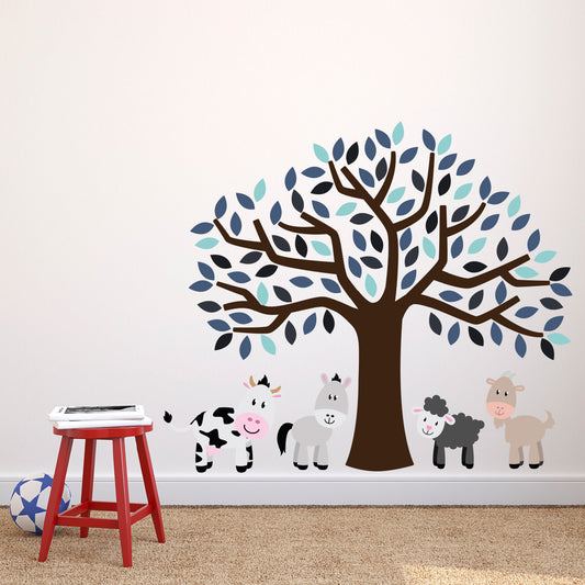 Blue Tree With Farm Animals Wall Sticker