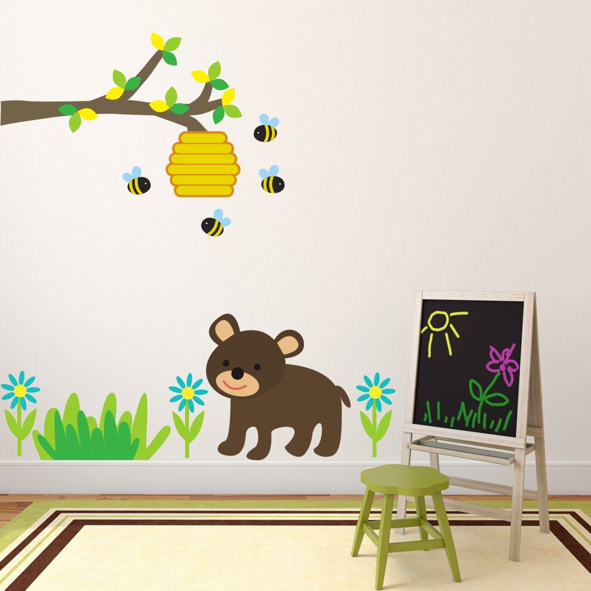 Branch With Bear Bees and Flowers Wall Art