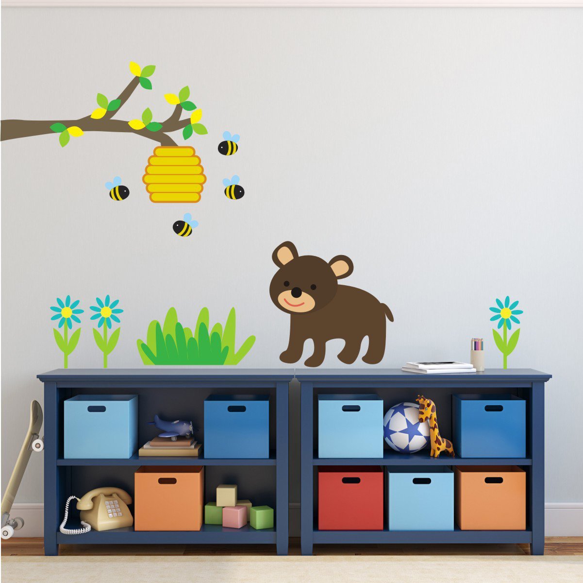 Branch With Bear Bees and Flowers Wall Decal