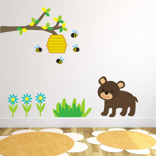 Branch With Bear Bees and Flowers Wall Sticker