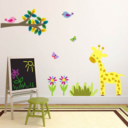 Branch With Giraffe, Birds and Butterflies Wall Sticker