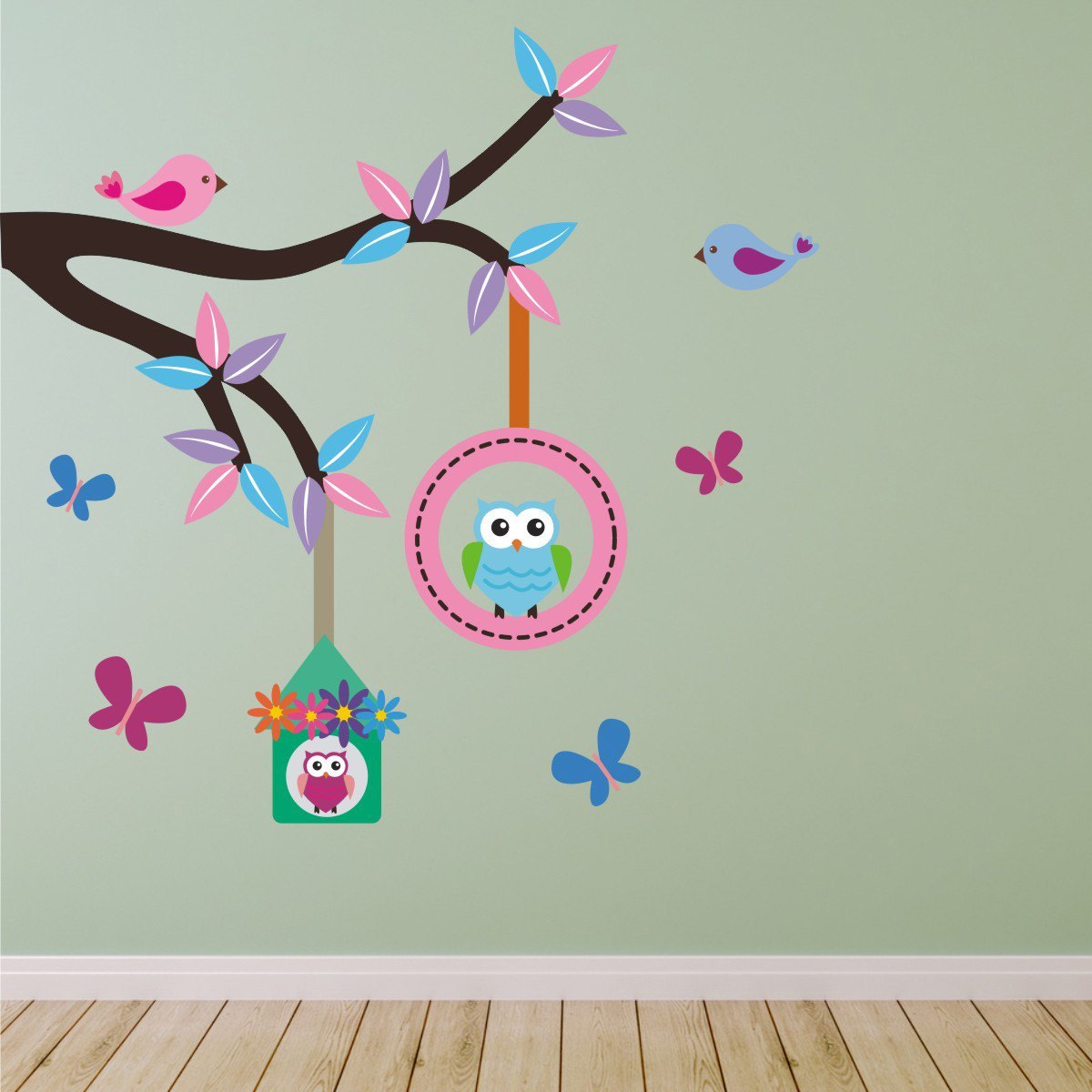 Branch With Owls Birds Butterflies Wall Sticker