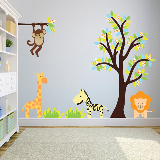 Bright Tree and Branch With Jungle Animals Wall Sticker