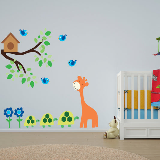 Giraffe and Turtle With Branch Wall Sticker