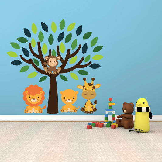 Green Tree With Safari Animals Wall Sticker