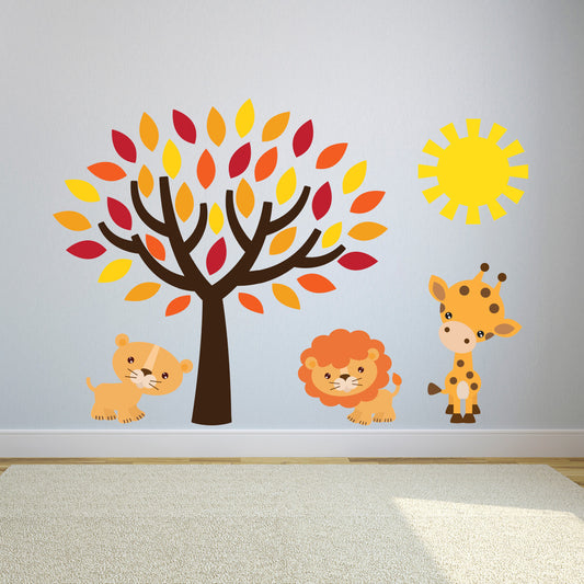 Jungle Animals With Orange Tree Wall Sticker