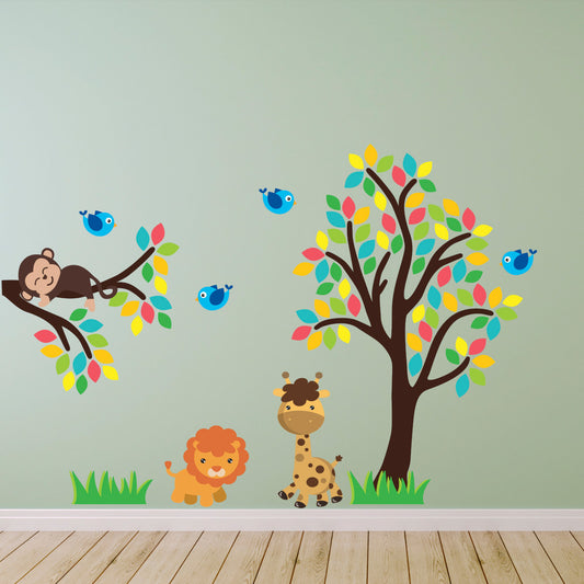 Jungle Animals With Tree and Branch Wall Sticker