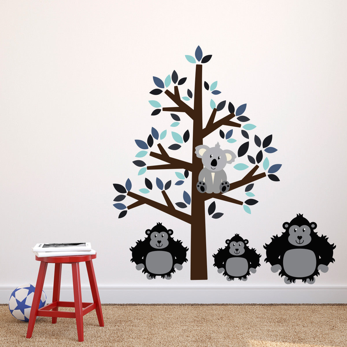 Blue Tree With Gorillas Wall Decal