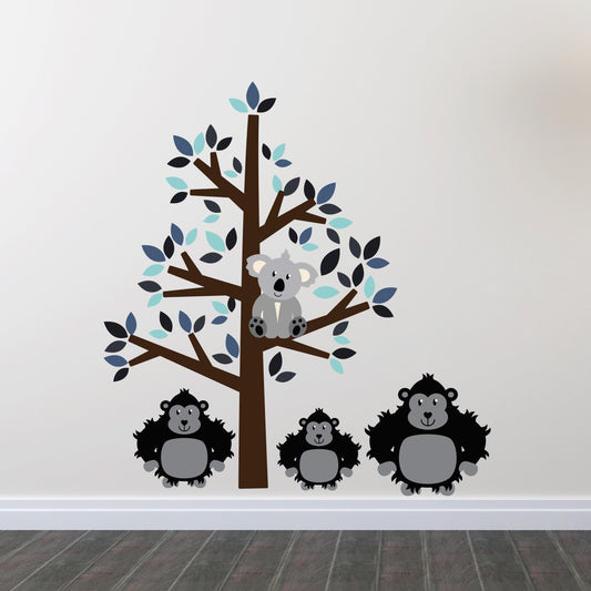 Blue Tree With Gorillas Wall Sticker