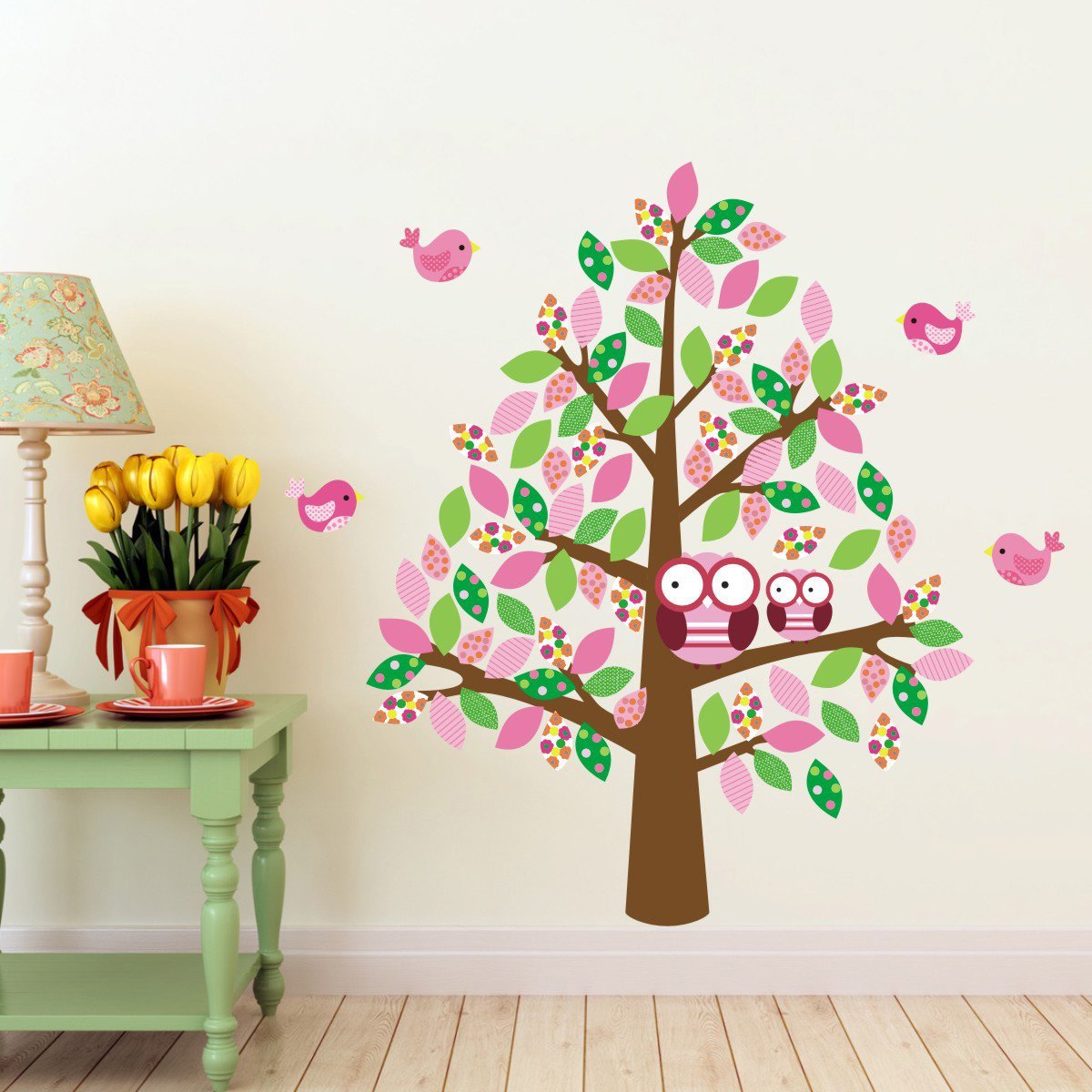 Patterned Tree With Owls and Birds Wall Art