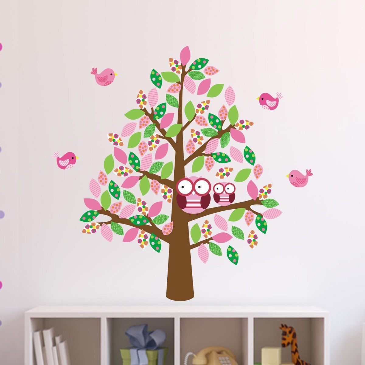 Patterned Tree With Owls and Birds Wall Decal