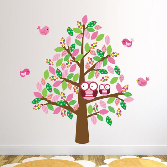 Patterned Tree With Owls and Birds Wall Sticker