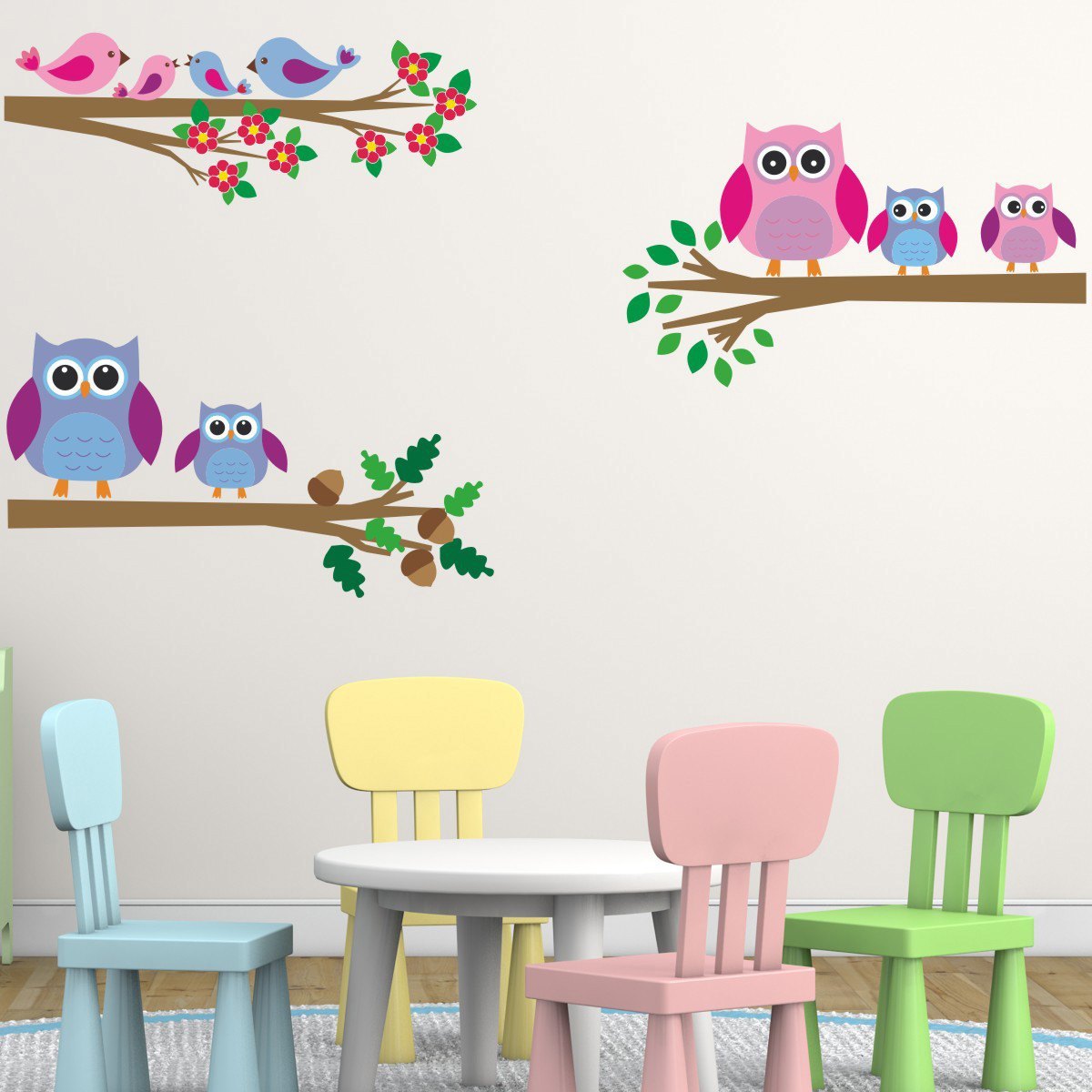 Owl and Birds On Branches Wall Decals