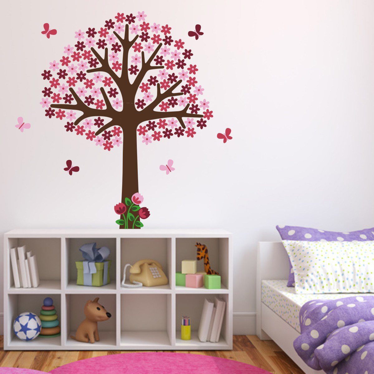 Pink Flower Tree With Butterflies Wall Art