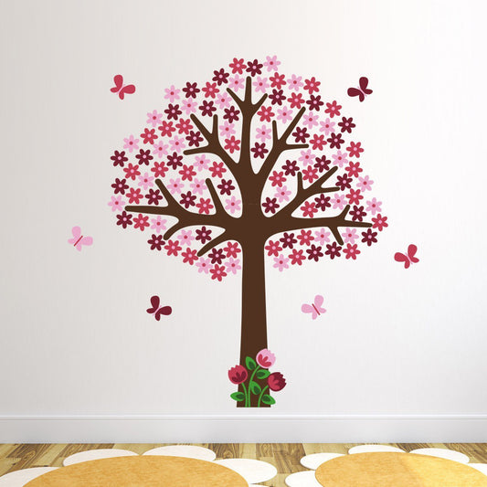 Pink Flower Tree With Butterflies Wall Decal